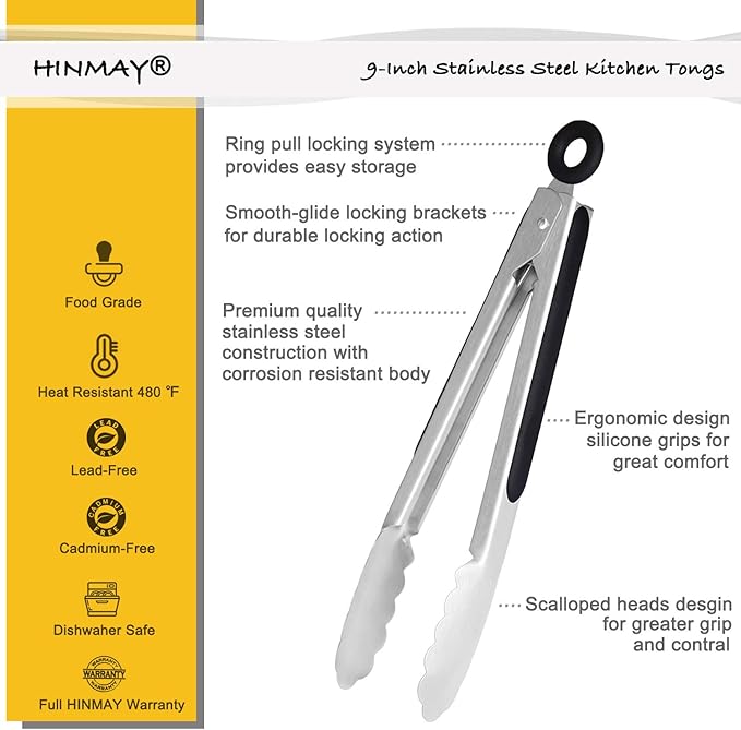 HINMAY Stainless Steel Kitchen Tongs 9-Inch Cooking Tongs - Image 2