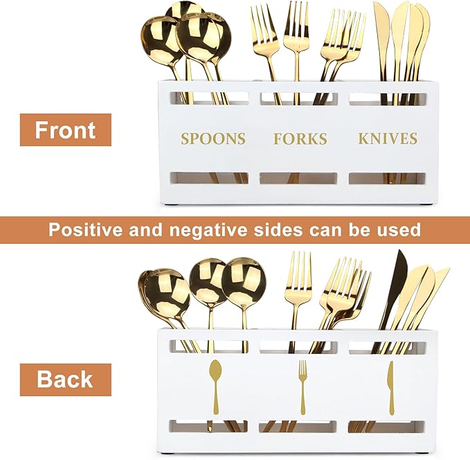 Ayiaren Wood Flatware Silverware Caddy White Cutlery Holder Kitchen Utensils - Image 4