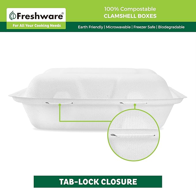 Freshware Compostable Clamshell Food Containers 3-Compartment 50-Pack, - Image 4