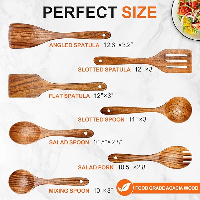 7 Pcs Acacia Wood Cooking Utensils Set Large Wooden Spoons - Image 2
