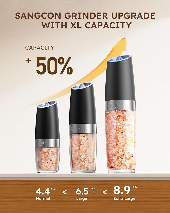 Sangcon Gravity Electric Salt and Pepper Grinder Set Shakers UPGRADED 9OZ XL - Image 2