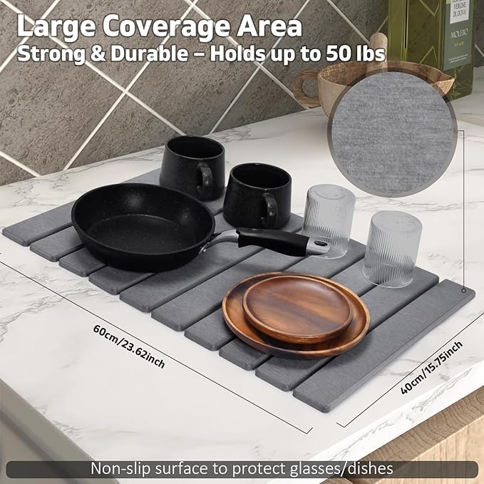Large Stone Dish Drying Mat for Kitchen Counter, Collapsible Quick Dry Dish - Image 3