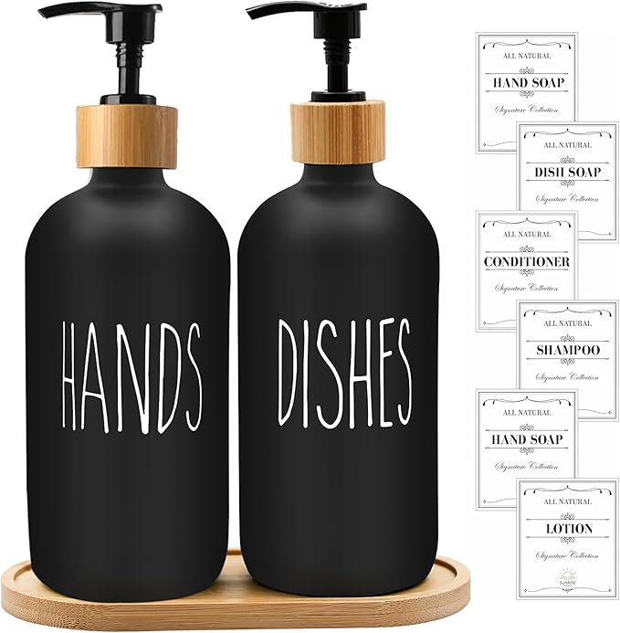 Sunrise Premium 16 OZ Thick Black Glass Soap Dispenser, Bamboo Pump - Image 7