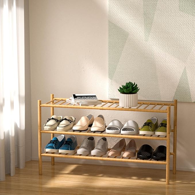 ROMGUAR CRAFT 3-Tier Bamboo Long Shoe Rack, Free Standing Wood Shoe Shelf - Image 2
