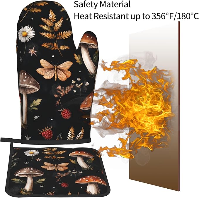 Mushroom Oven Mitts Set – Vintage Pot Holders Kitchen Gloves - Image 5
