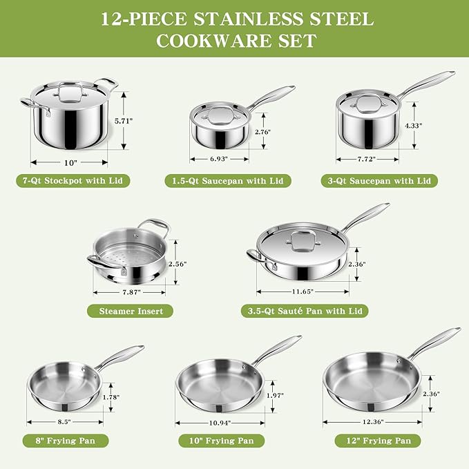Triple Ply Stainless Steel Pots and Pans Set, EWFEN 12 Piece Induction Cookware - Image 2
