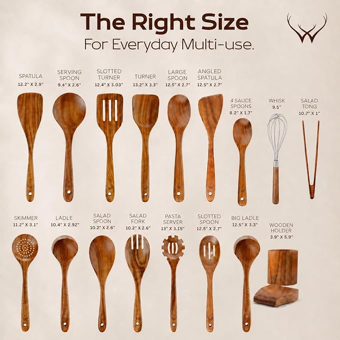 20 Pcs Teak Wooden Utensil Set – Premium Cooking Utensils Set, Natural Wooden - Image 4