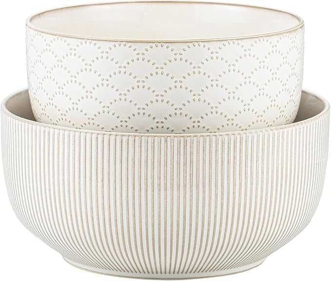 Mikiegy Ceramic Mixing Bowls Set of 2, Nesting Ceramic Embossment Stoneware by MIKIGEY