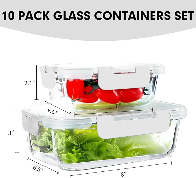 VERONES 10Pack Glass Meal Prep Containers, Airtight Glass Lunch Containers - Image 2