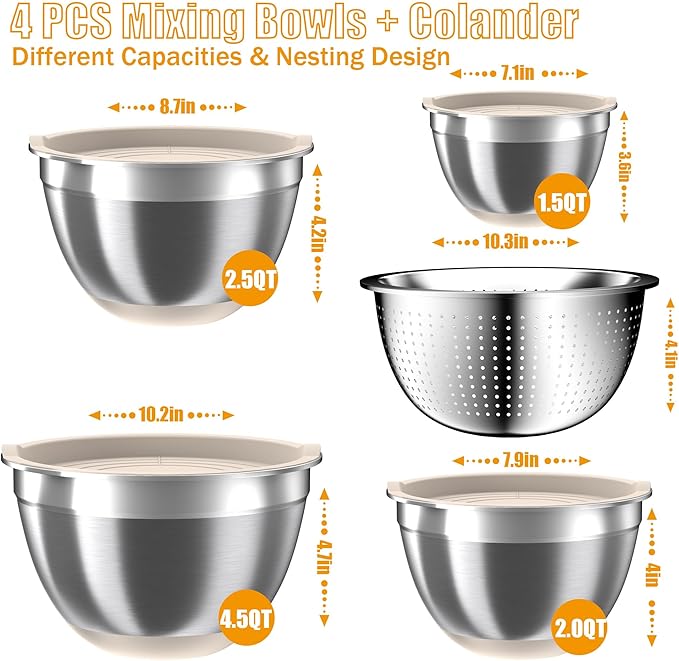 Mixing Bowls with Airtight Lids Set, 4 Stainless Steel Bowls Nesting Bowls & - Image 2