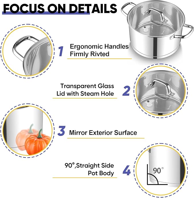TeamFar 8QT Stock Pot with Lid, Stainless Steel Tri-ply Bottom Cooking Pot - Image 3