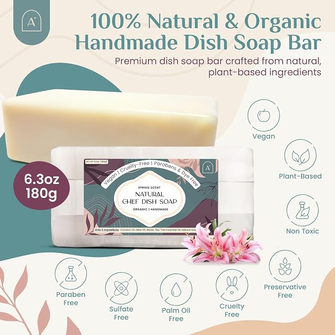 Natural Dish Soap Bar, Cleaning Dishes Solid Block for Kitchen - Organic Biodegradable Dishwashing, only 5 Ingredients, Gentle on Hands - Spring Scent (3 Pack, 19oz)
