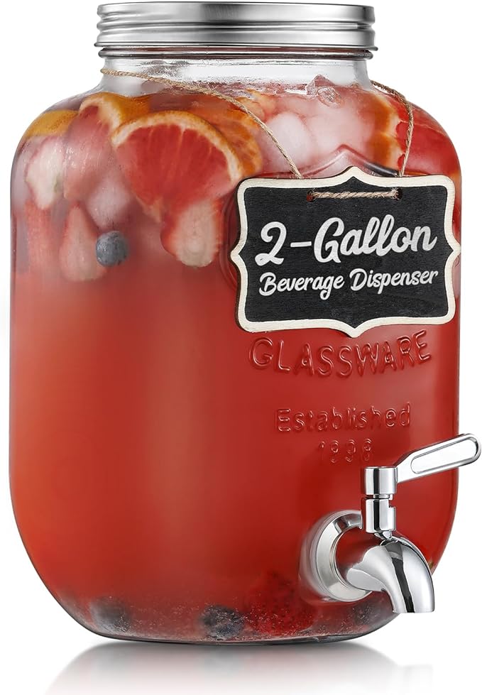 2 Gallon Glass Beverage Dispenser, 18/8 Stainless Steel Spigot and Lid by NETANY