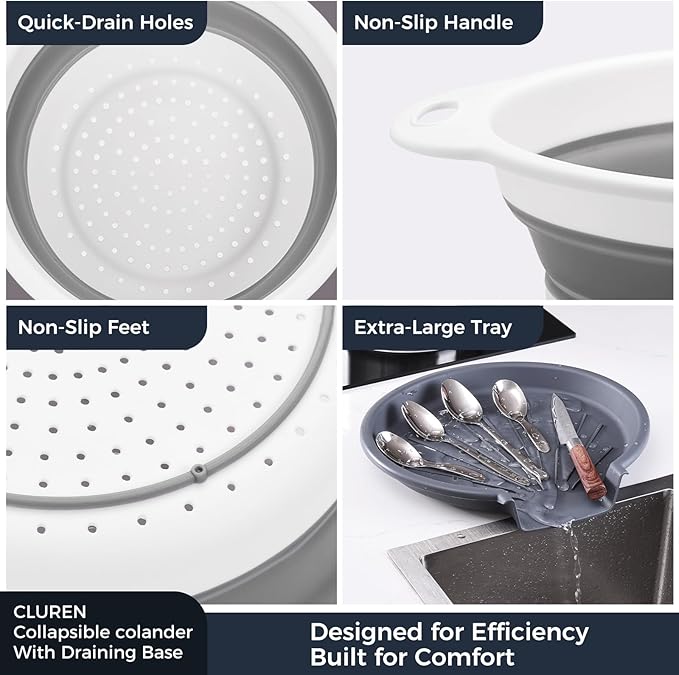 Collapsible Colander Set with Oversized Draining Tray | 3-Pack Foldable Kitchen - Image 6