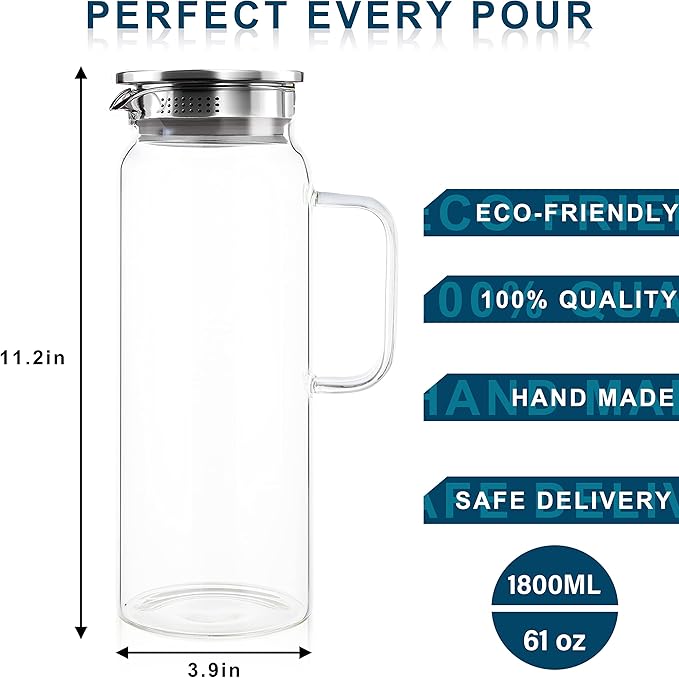 Set of 2 Glass Pitcher with Lid, 2 Quart Leak Proof, Glass Water Jugs, - Image 2