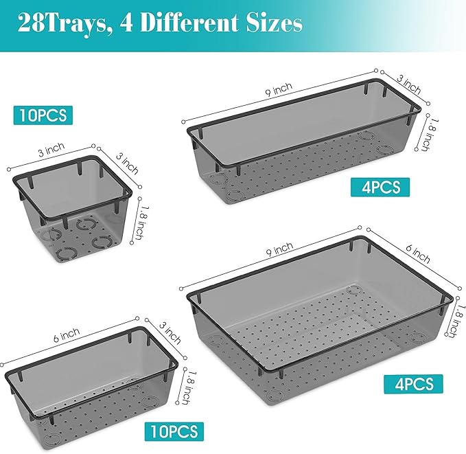 StorMiracle 28 PCS Clear Plastic Drawer Organizers Set, 4 Size Desk Drawer - Image 2
