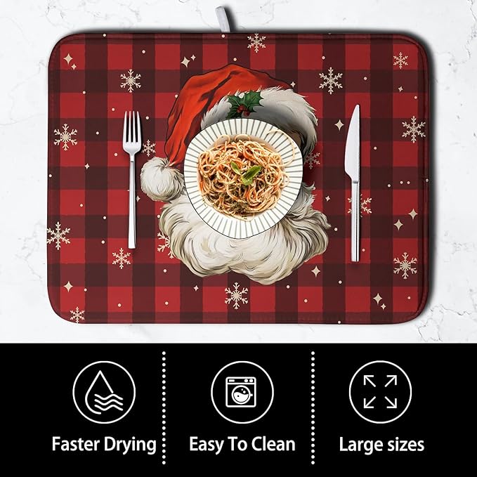 Santa Claus Christmas Dish Drying Mat Xmas Red and Black Buffalo Plaid - Image 4