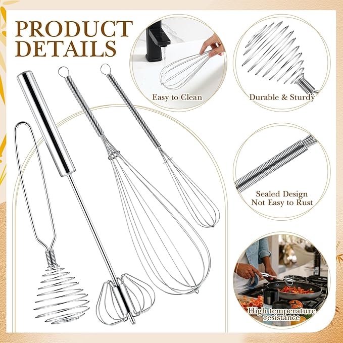 Teenyyou 10 Pcs Stainless Steel Whisks Set Egg Beater Semi Auto Whisk Blender - Image 3