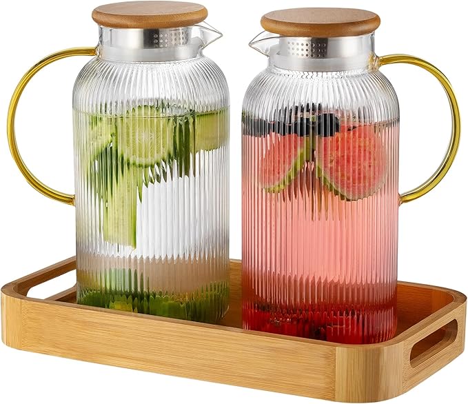 Buaic Glass Pitcher with Lid, 2 PACK 68 oz/2 Liter Vertical Water Pitcher With by Buaic