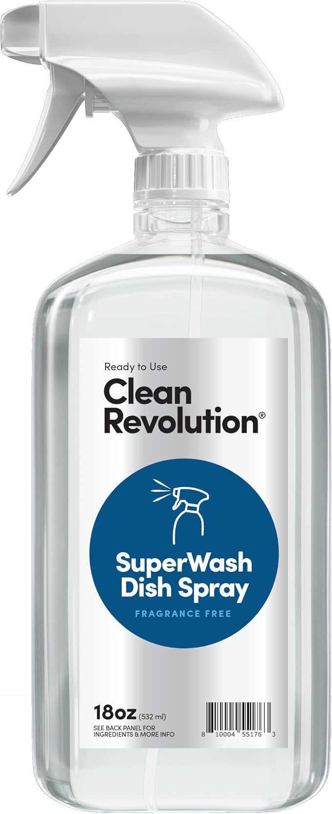 Clean Revolution Dish Spray, Powerful Formula Cuts Through Grease, Compatible with Dawn Powerwash Sprayers and Foamers, Fragrance Free, 18 Fl Oz - Made in USA