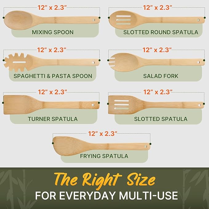 Wooden Utensil Set, Bamboo Utensils – 7 PCs Wood Spoons - Image 3