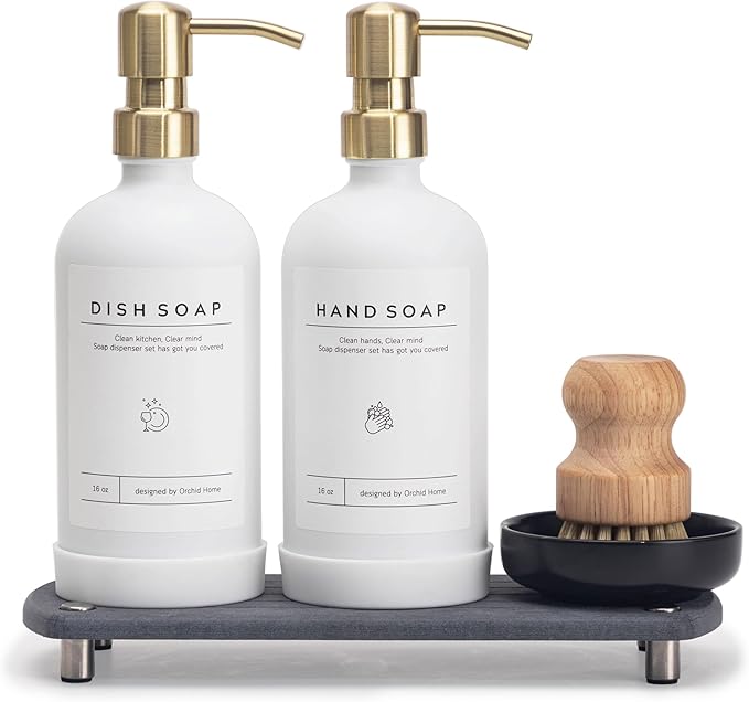 Kitchen Soap Dispenser Set - 16OZ White Glass Bottle by ORCHID+HOME