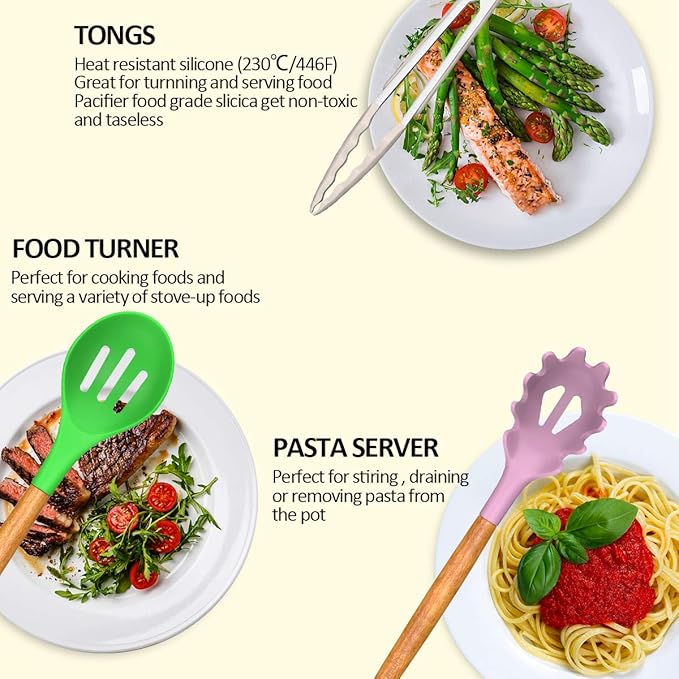 Umite Chef Kitchen Cooking Utensils Set, Wooden Handle Silicone Kitchen Gadgets - Image 3