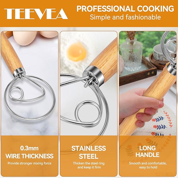 TEEVEA Danish Dough Whisk for Bread Sourdough, Wooden Handle & Stainless Steel - Image 5