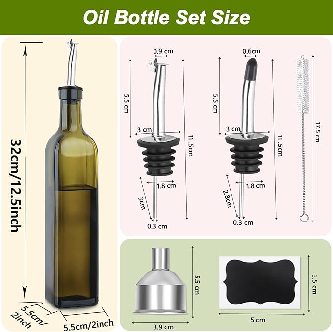 Green Olive Oil Dispenser Bottle - 17oz/500ml Glass Oil and Vinegar Bottles Set - Image 2