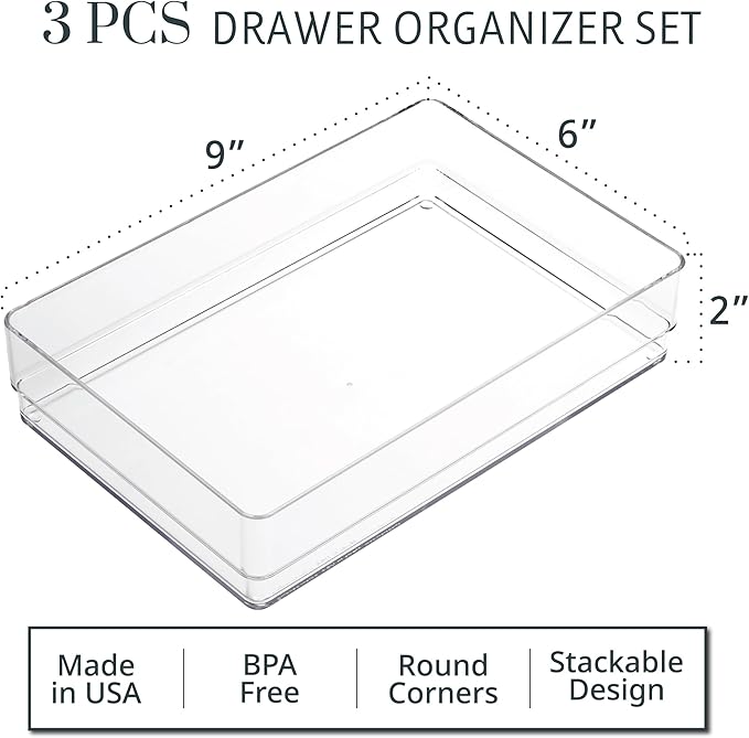STORi SimpleSort 3-Piece Stackable Clear Drawer Organizer Set | 9" x 6" x 2" - Image 2