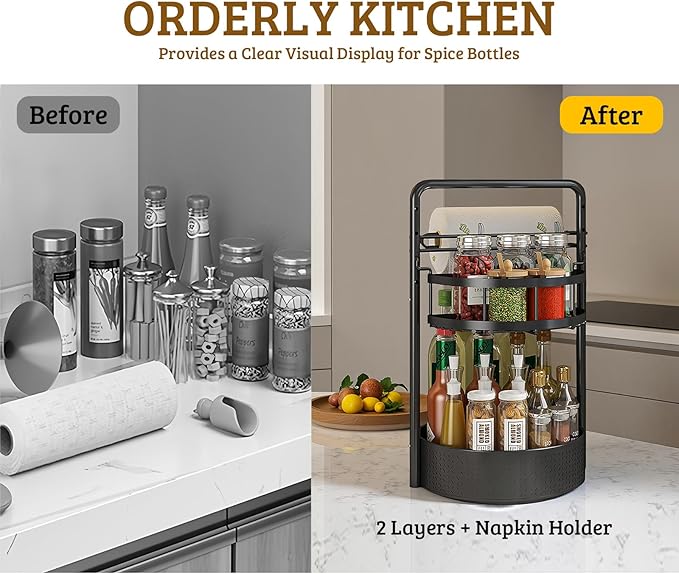Rotating Spice Rack with Paper Towel Holder, 2 Tier Turntable Lazy Susan - Image 6