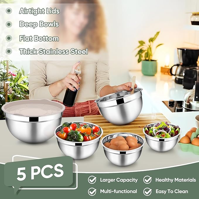 TeamFar Mixing Bowls with Lids, 5-Piece Stainless Steel Metal Nesting Salad Bowl - Image 3