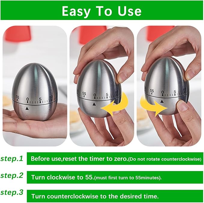 Stainless Steel Mechanical Kitchen Timer, Classic Egg Shape 60-Minute Manual - Image 3