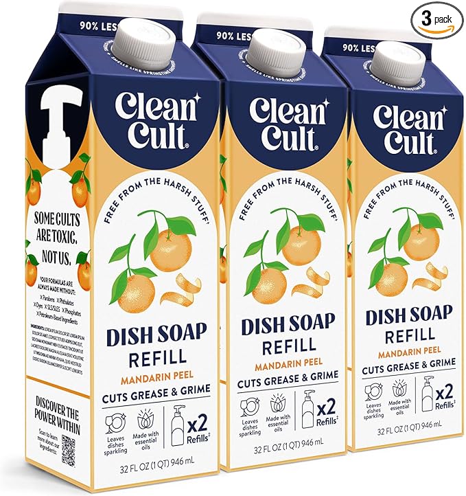 Cleancult Dish Soap Liquid Refills - Plant Based Cleaning Power - Cuts Grease & Grime - Free of Harsh Chemicals - Uses 90% Less Plastic - Mandarin Peel - 32 oz/3 Pack