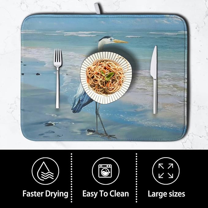 Summer Blue Dish Drying Mat for Kitchen Counter 16x18 Inch Heron Coastal Beach - Image 4