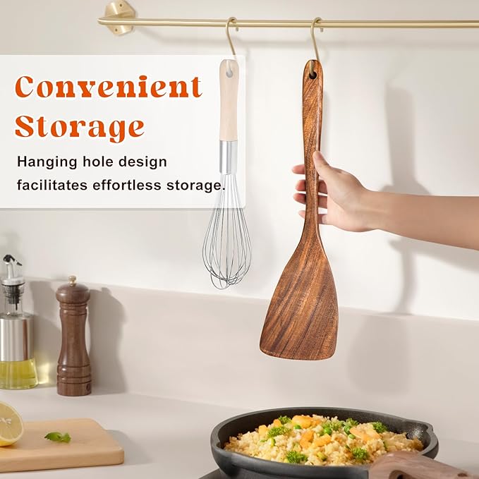 Wooden Spatula for Cooking, Acacia Wood Flat Frying Spatulas, Long Handle - Image 5
