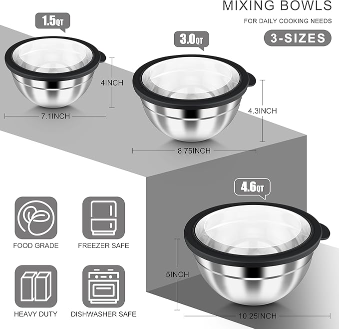 HaWare Mixing Bowls with Airtight Clear Lids, 6-Piece Stainless Steel Strong - Image 2