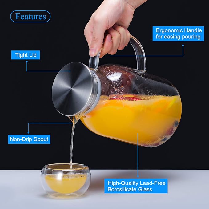 Glass Water Pitcher with Lid and Spout, 68 Ounces Heat Resistant Borosilicate - Image 2