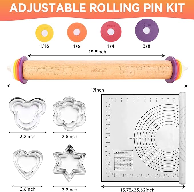Wooden Rolling Pin with Thickness Rings and Pastry Baking Mat, Pie Crusts - Image 6