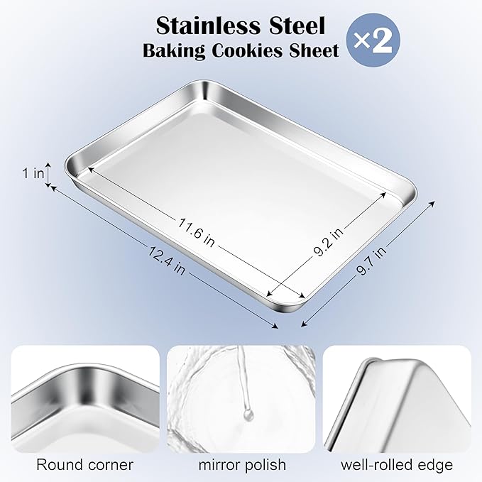 E-far Stainless Steel Baking Sheets, 12.4” x9.7” x 1” Baking Cookie Sheets Pans - Image 2