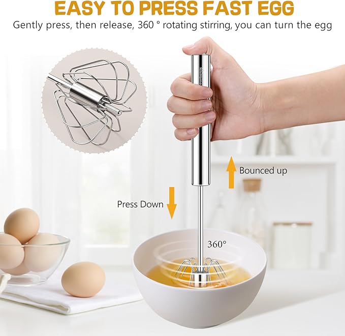 NileHome Stainless Steel Whisk 8" Hand Blender + 10" Semi-Automatic Rotary - Image 3