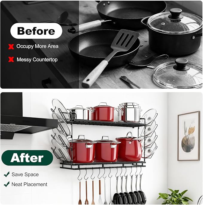 Housolution Pot Rack Wall Mounted, 3 Level Height Adjustable, 2 Tier Heavy Duty - Image 5