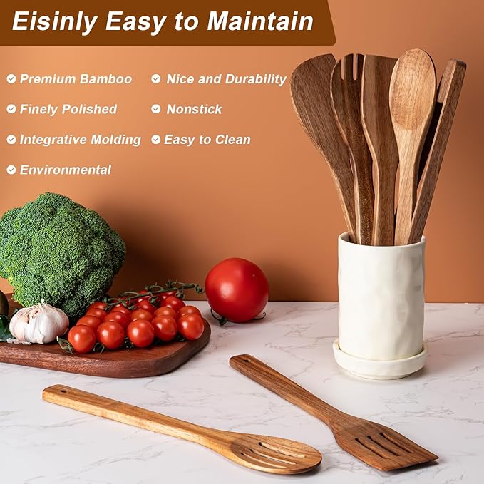 Eisinly Wooden Spoons for Cooking 7-Piece, Kitchen Nonstick Wood Cooking - Image 4