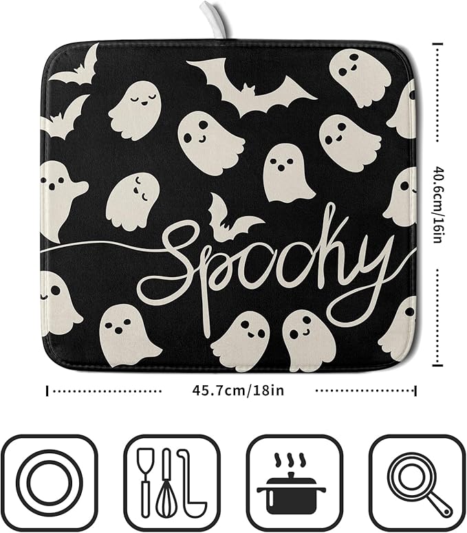 Halloween Dish Drying Mat for Kitchen Counter 16x18 Cute Ghost Black Spooky - Image 2
