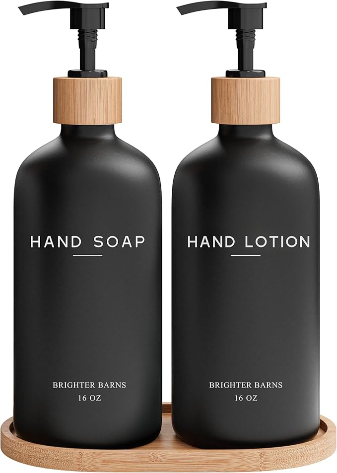 Black Glass Soap and Lotion Dispenser Set by BrighterBarns
