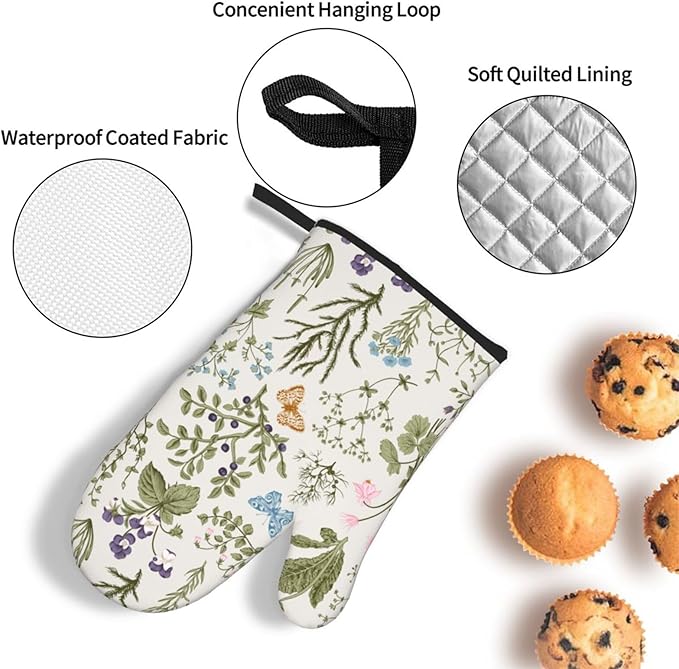 Vintage Floral Oven Mitts and Pot Holders Sets of 3 Cute Botanic Hot Pads Herbs - Image 5