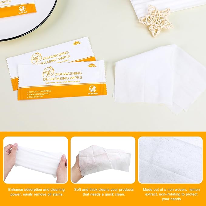 Dish Cleaning Wipes Individually Wrapped Travel Dish Soap Wipes Orange Scent 7.7”x 7.3“ Disposable Wipes Portable for Kitchen Outdoor Traveling Camping RV Quick Clean (50)
