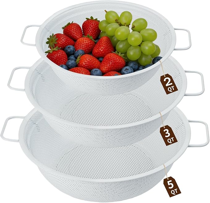 Colander Set with White Coating, Stainless Steel Micro-Perforated Colanders by HomeGood4Less