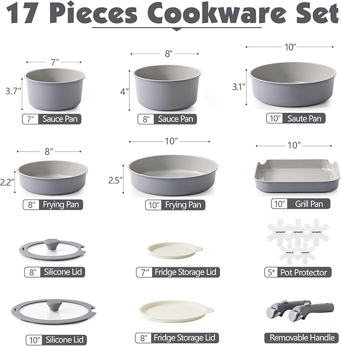 SENSARTE 17 Piece Ceramic Pots and Pans Set, Nonstick Detachable Handle Cookware - Image 2