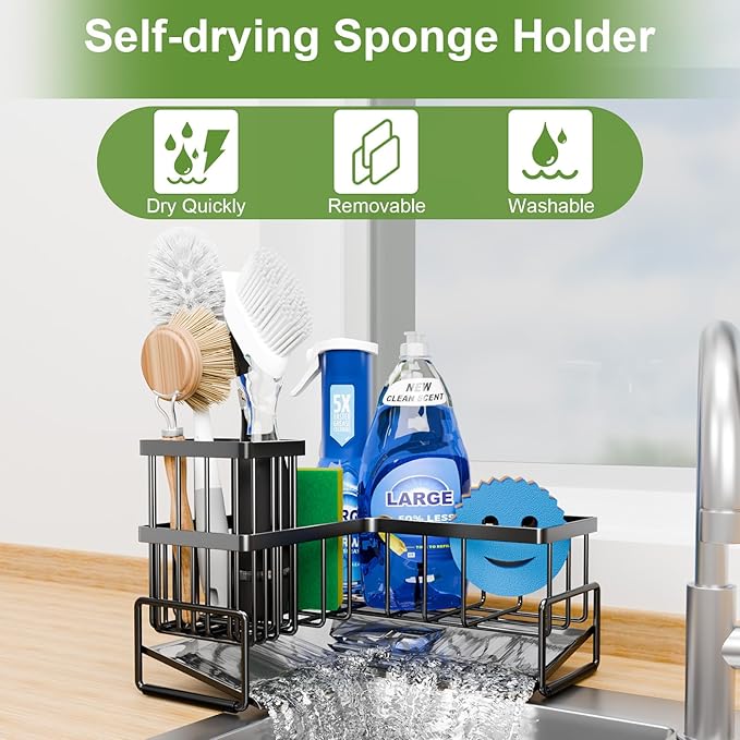 Fikoksol Large Sponge Holder for Kitchen Sink, 90-Degree Sink Caddy Organizer - Image 3